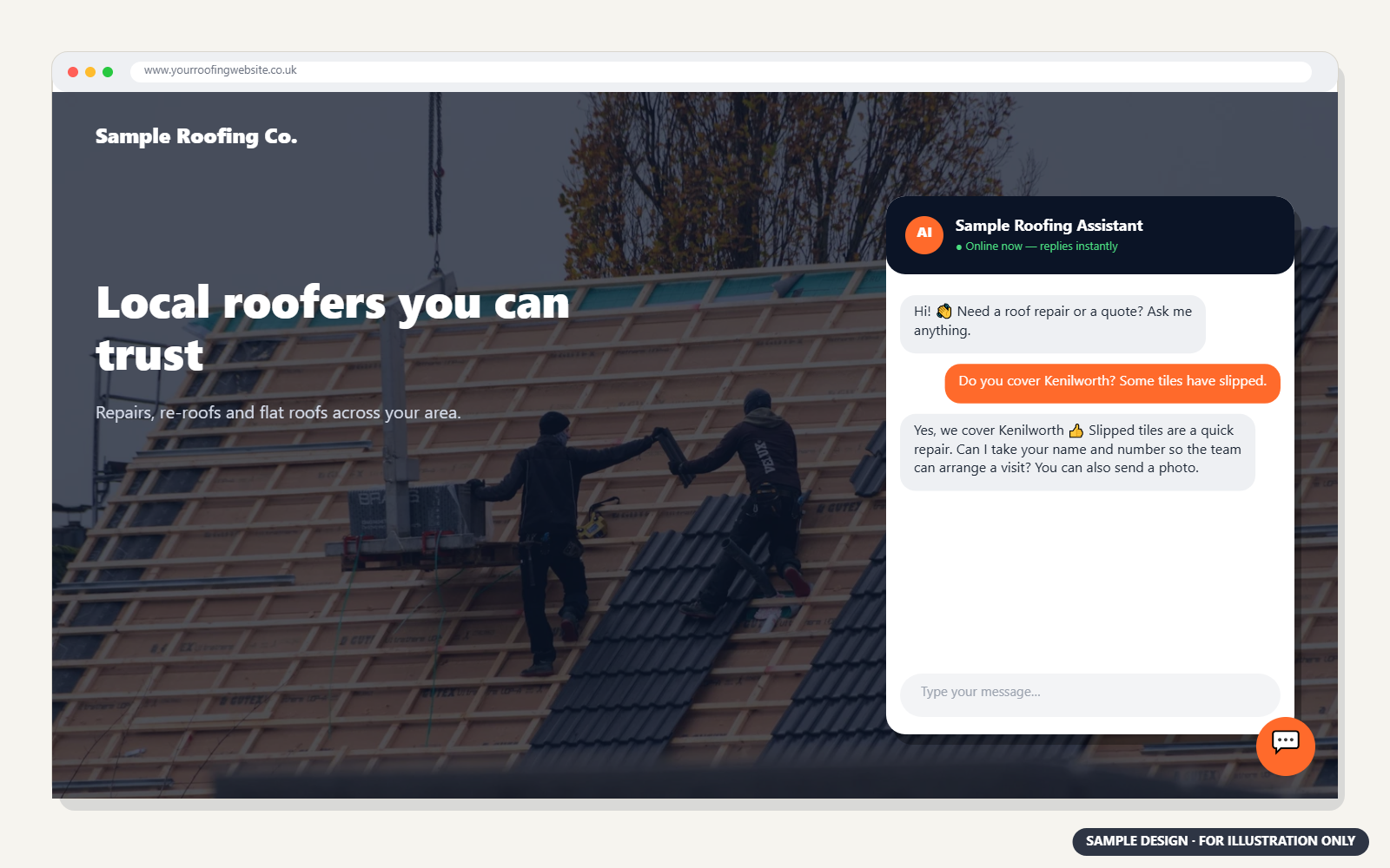 Sample AI chat assistant on a roofing website