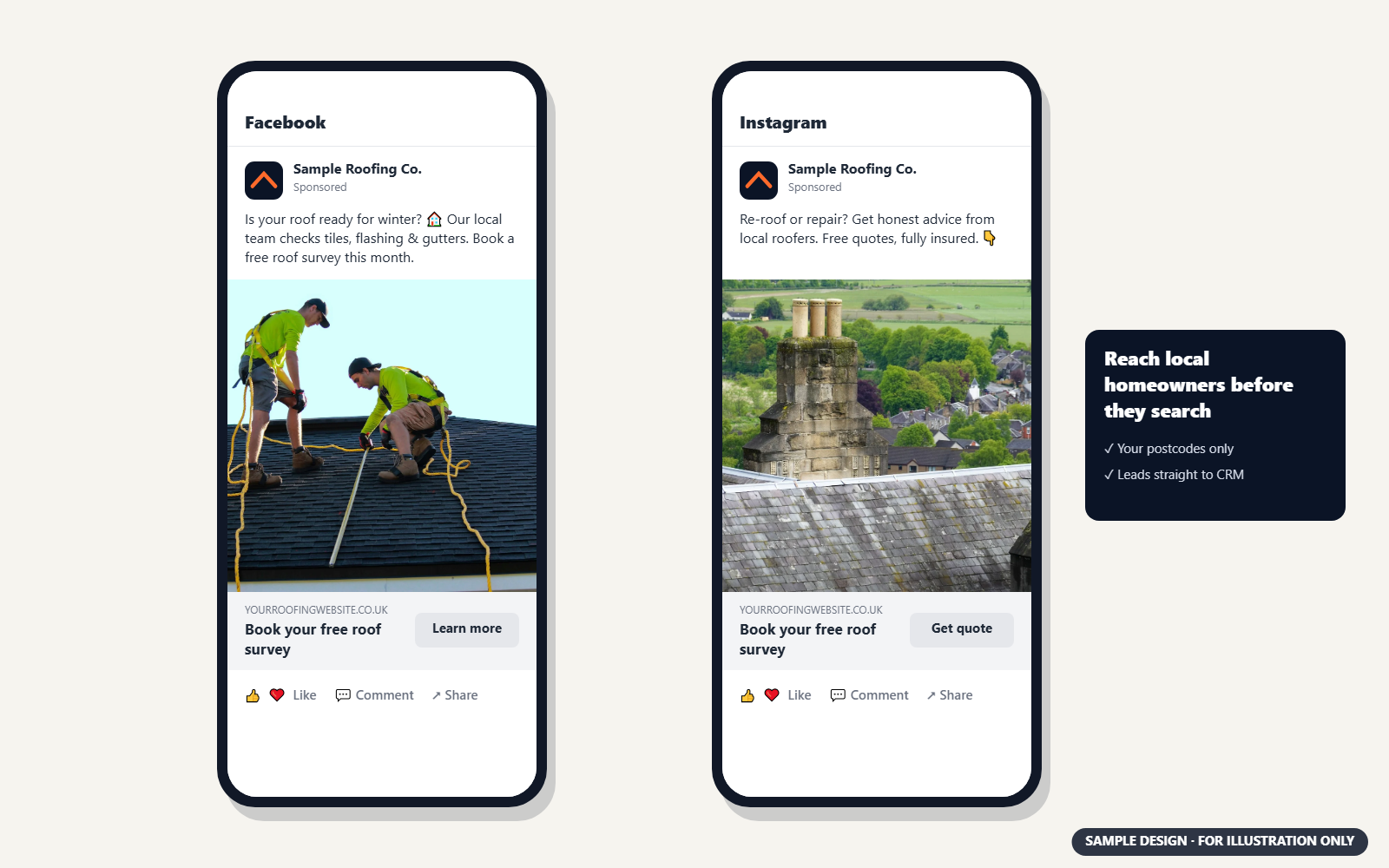 Sample Facebook and Instagram ads for a roofing company