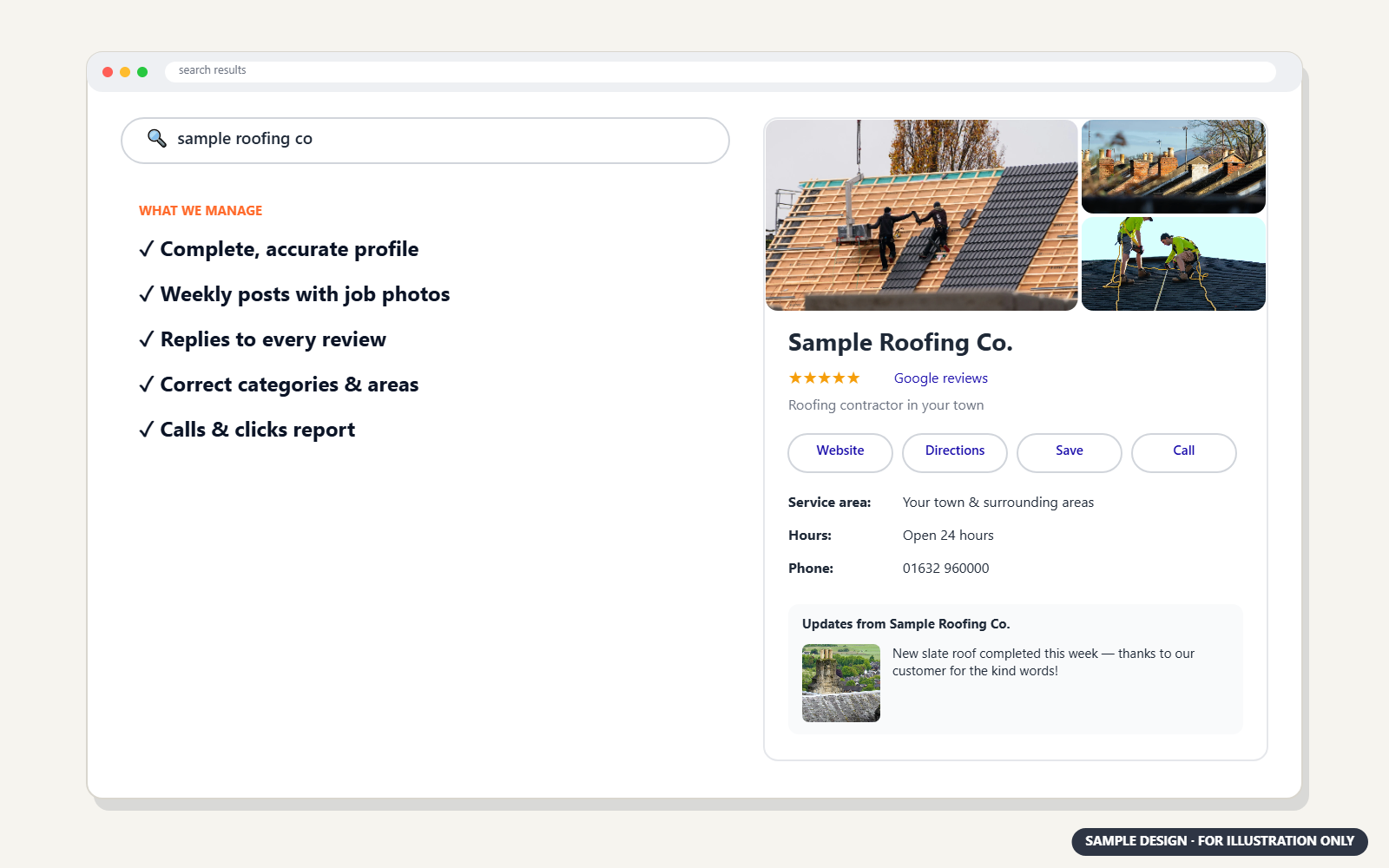 Sample Google Business Profile for a roofing company