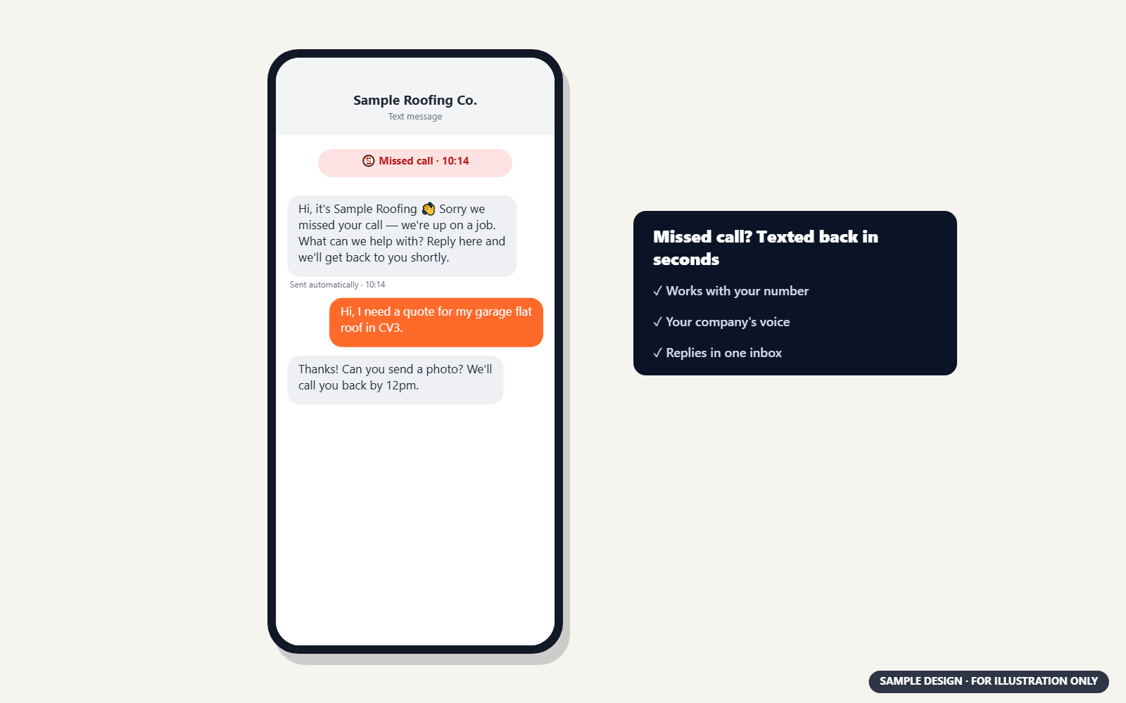 Sample missed-call text-back message