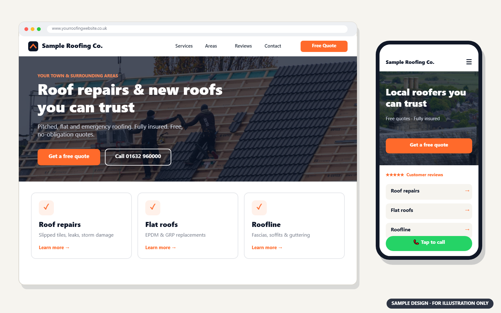 Sample roofing website design on desktop and mobile